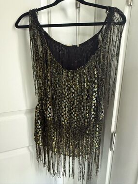 Elie Tahari Black Tank with Gold Beaded Fringe